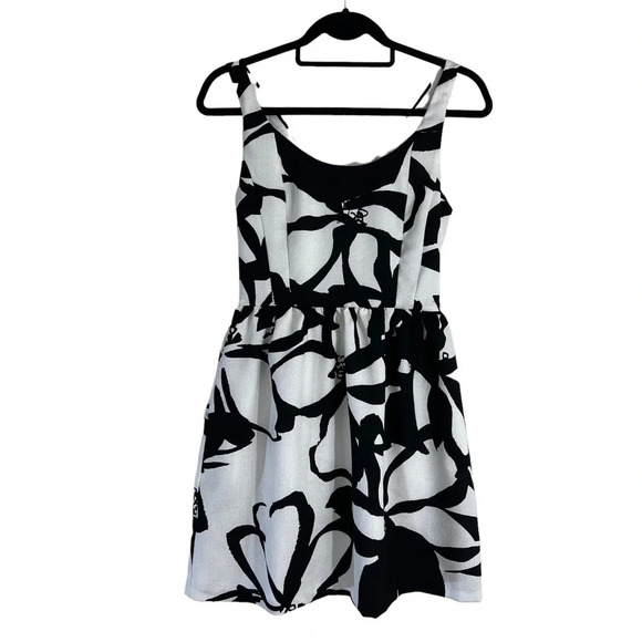 Aqua Black and White Short Floral Dress Size Small Sleeveless Large Print Lined - Picture 3 of 10